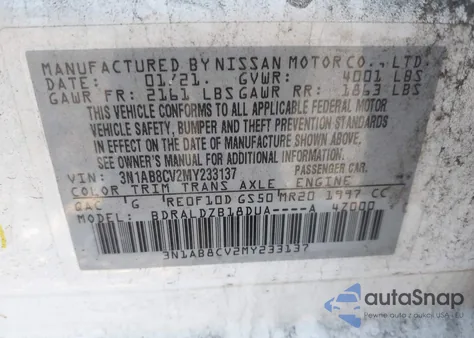 2021 Nissan Sentra Sv Xtronic Cvt из США, поврежденный, VIN 3N1AB8CV2MY233137